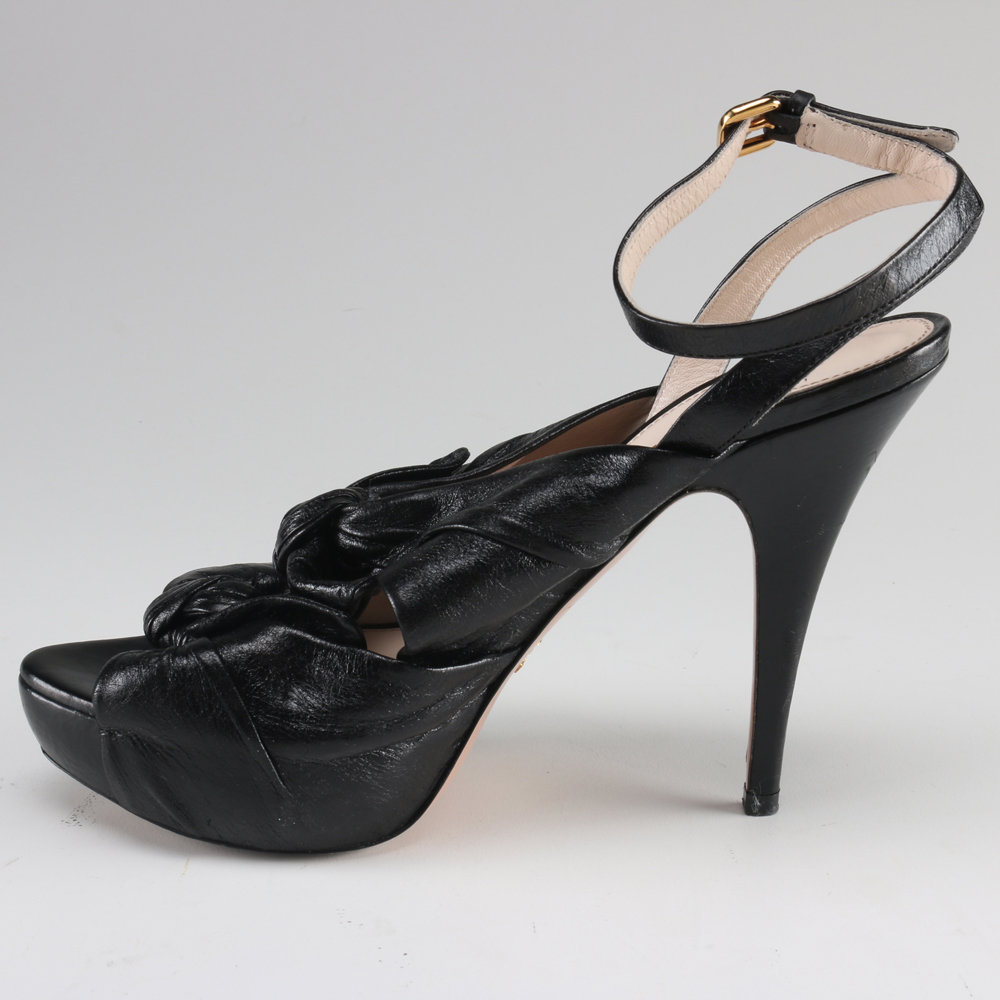 Prade Black Leather Platform Stiletto Peep Toe Pumps