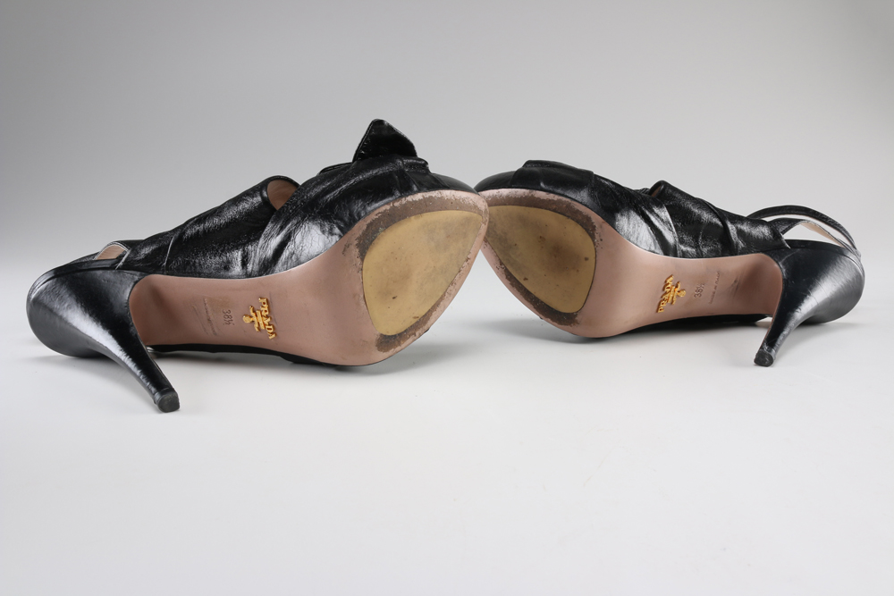 Prade Black Leather Platform Stiletto Peep Toe Pumps