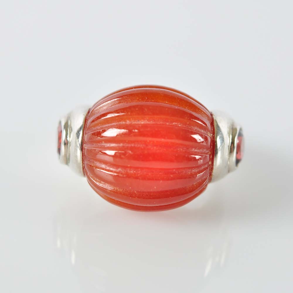 Carved Sard and Garnet Ring in Sterling Silver