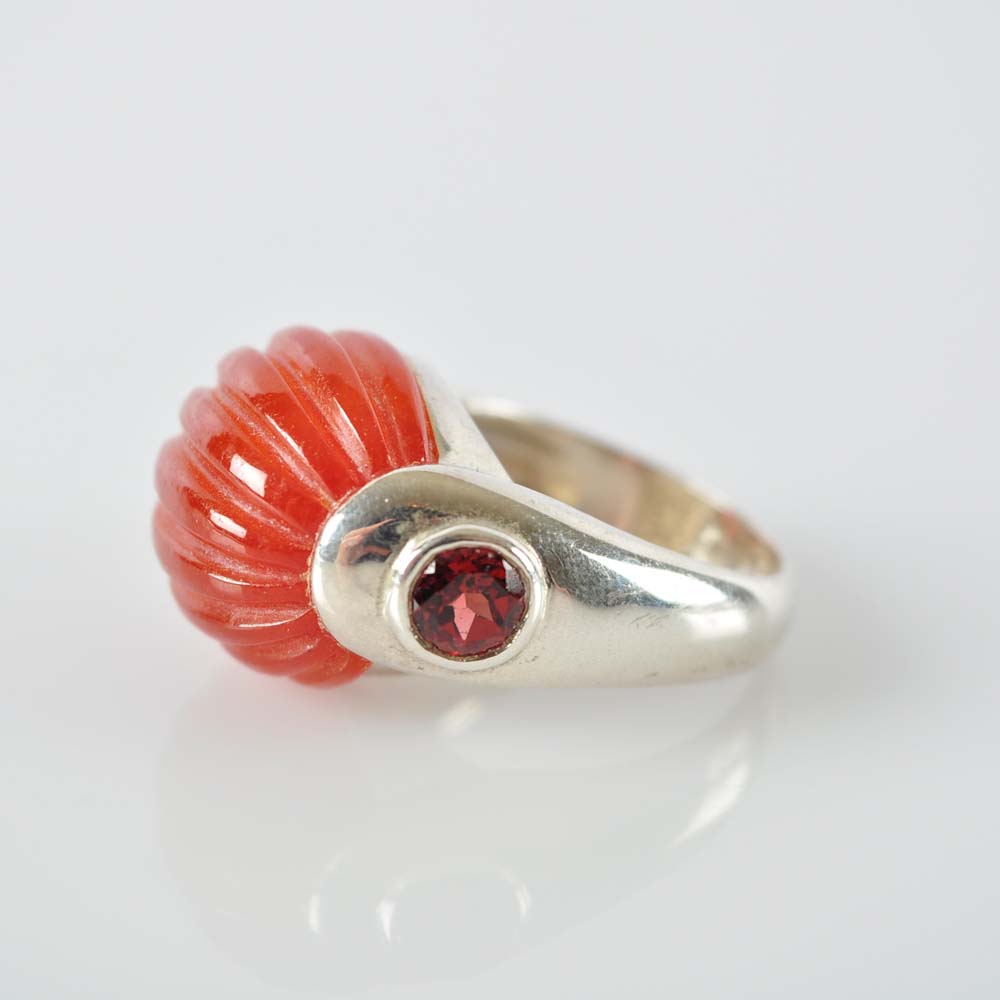 Carved Sard and Garnet Ring in Sterling Silver