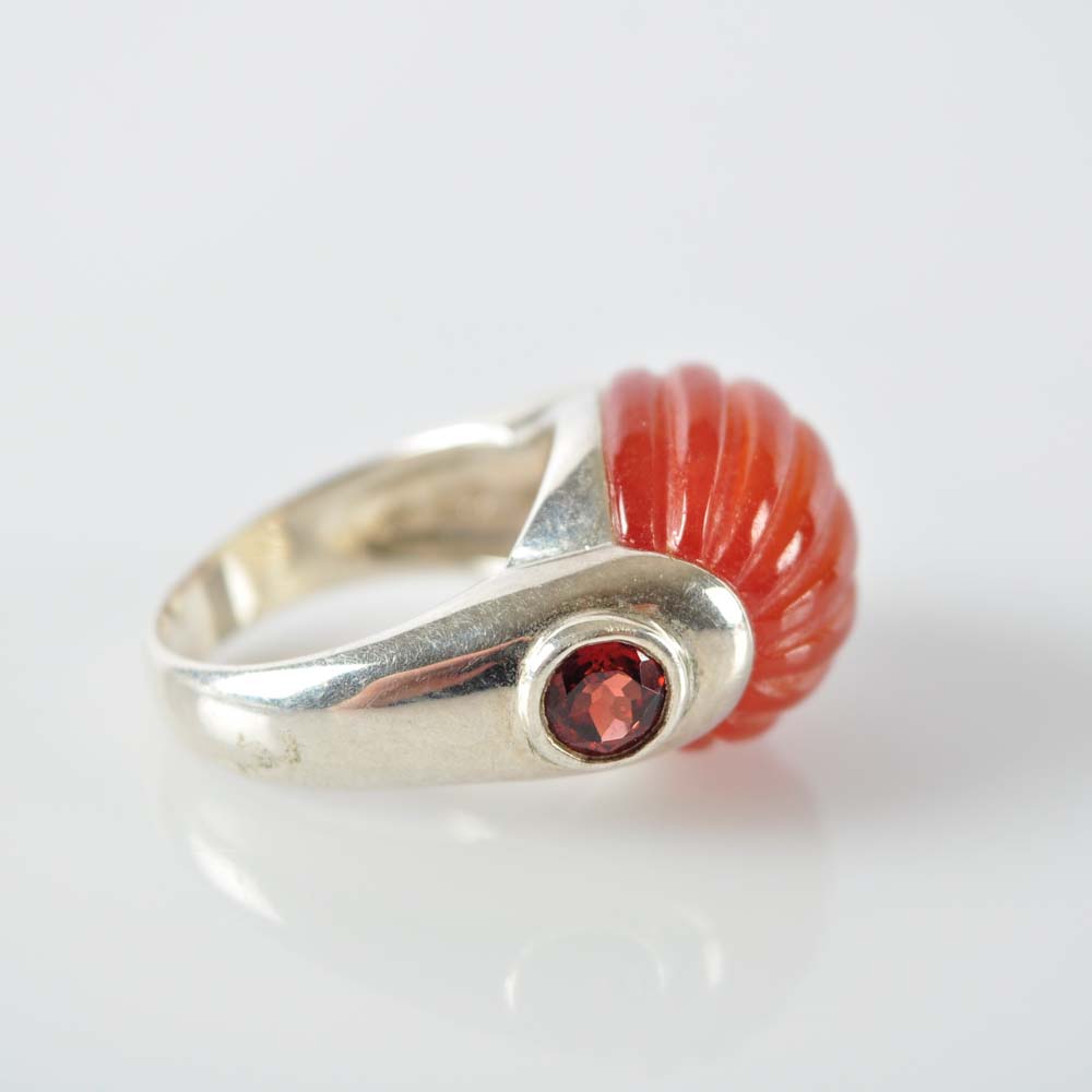Carved Sard and Garnet Ring in Sterling Silver