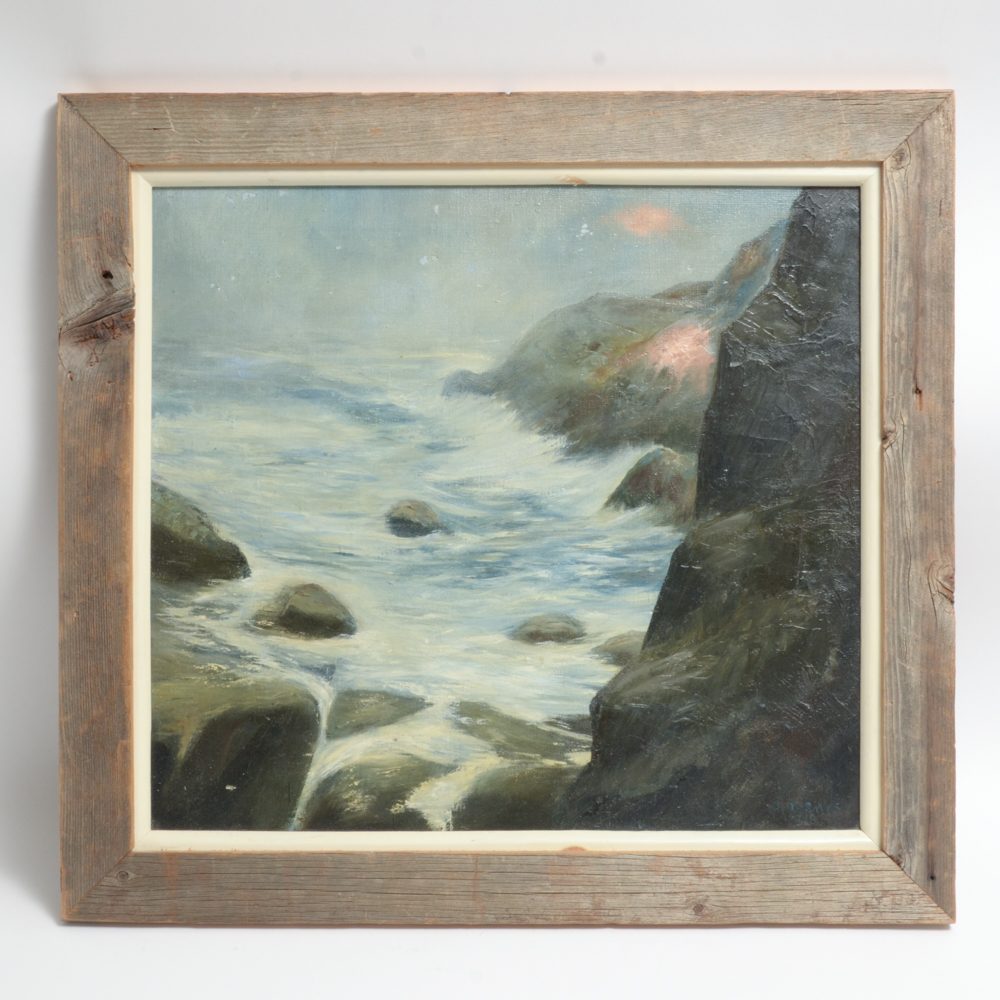 Oil Painting of Waves Crashing on Rocks