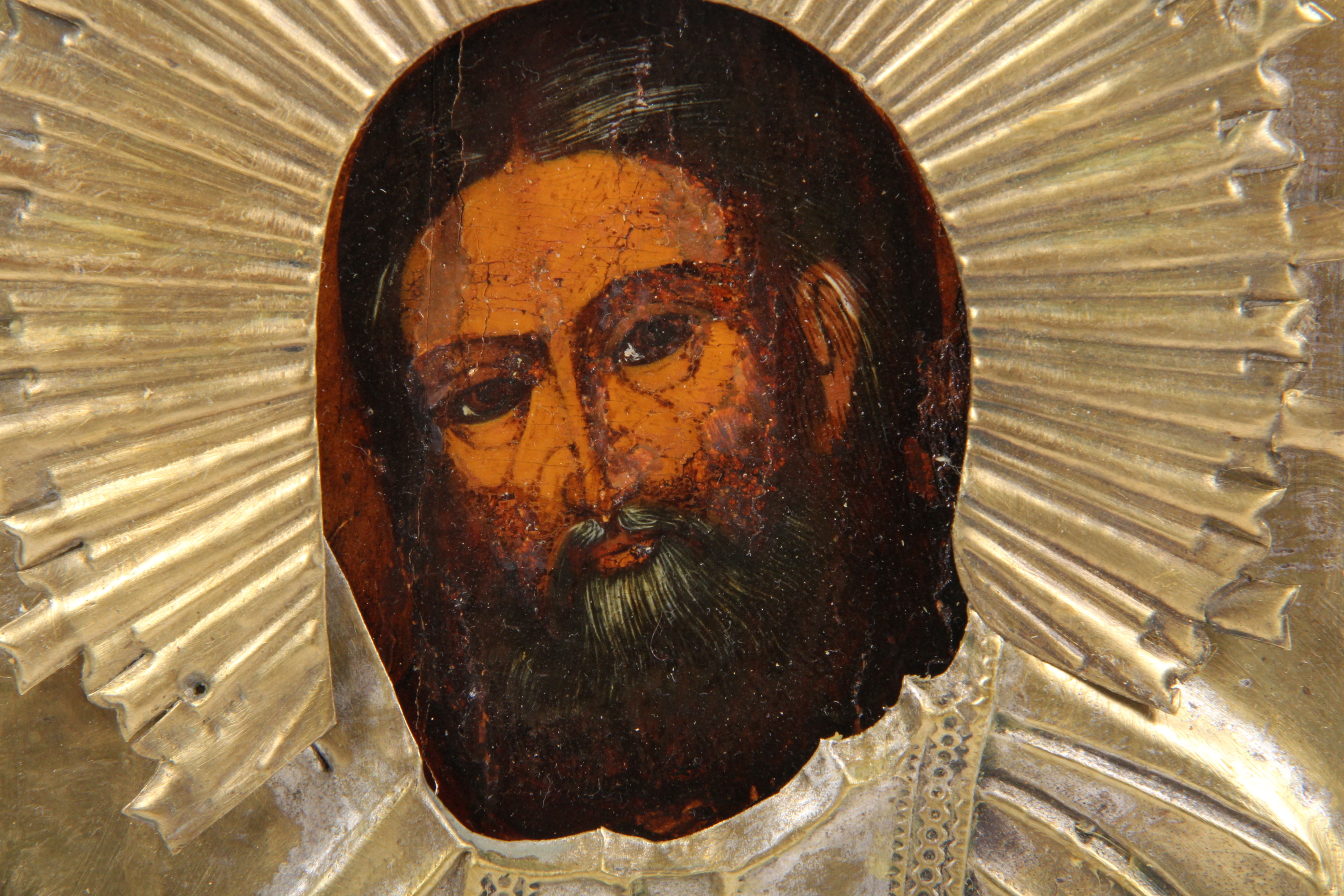 Antique Hand Painted Religious Icon with Metal Riza Saint Seraphim