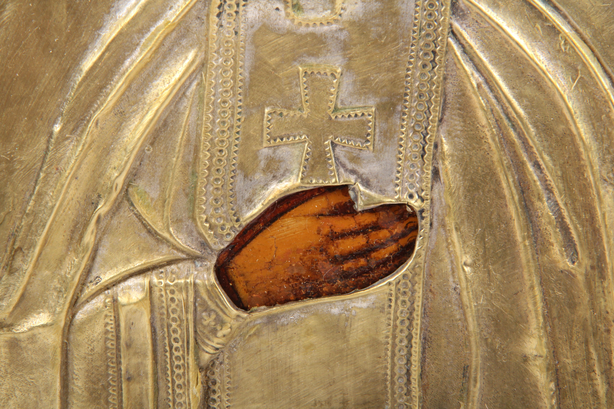 Antique Hand Painted Religious Icon with Metal Riza Saint Seraphim