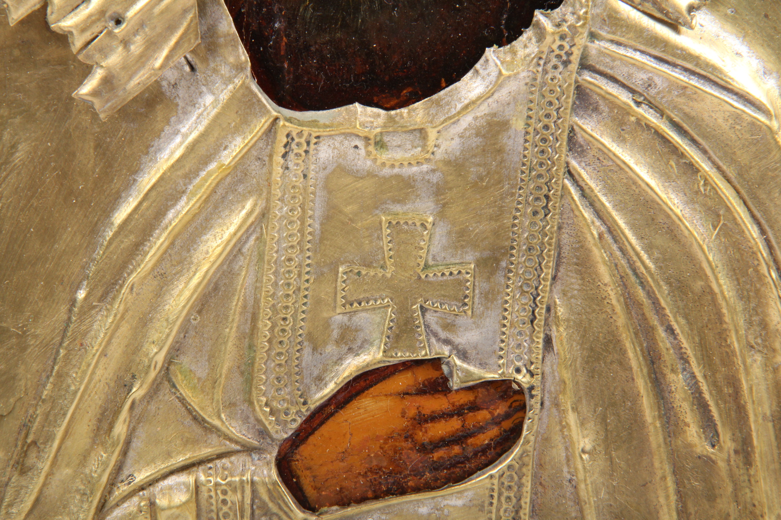 Antique Hand Painted Religious Icon with Metal Riza Saint Seraphim