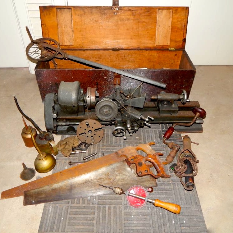 Vintage Oil Cans and Tools in a Wood Chest