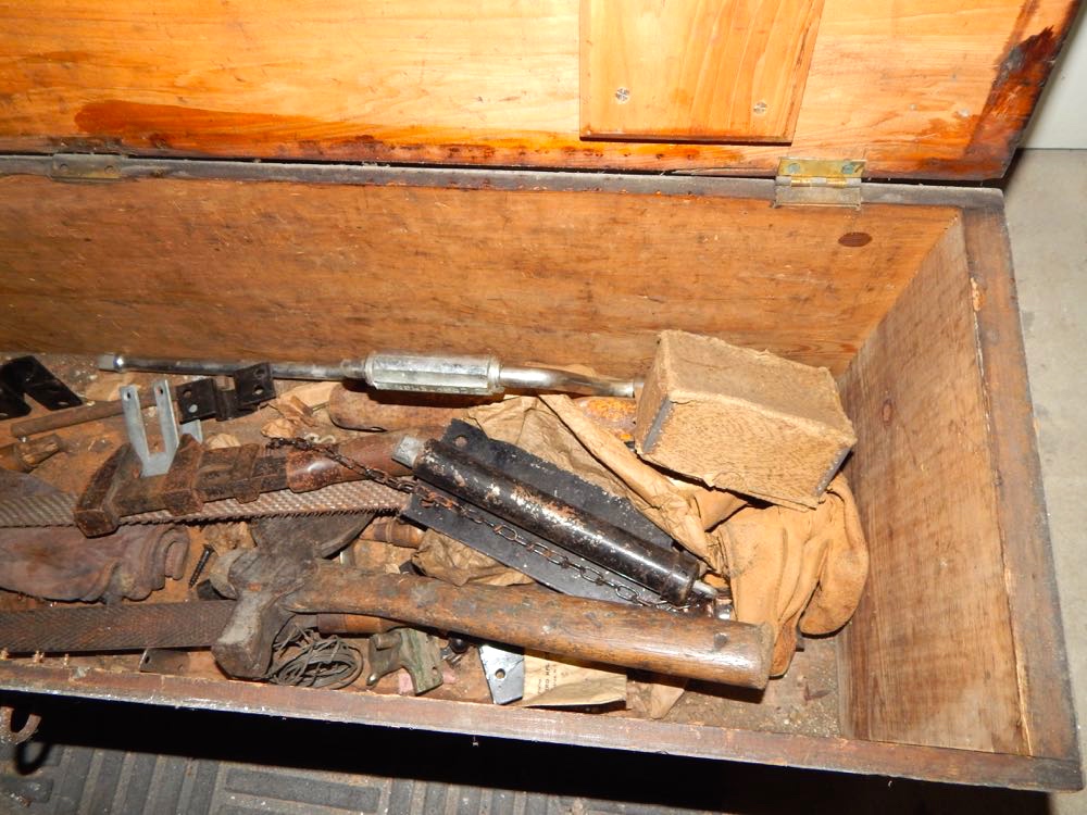 Vintage Oil Cans and Tools in a Wood Chest