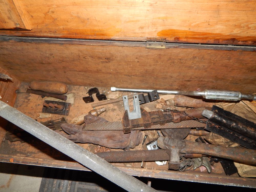 Vintage Oil Cans and Tools in a Wood Chest