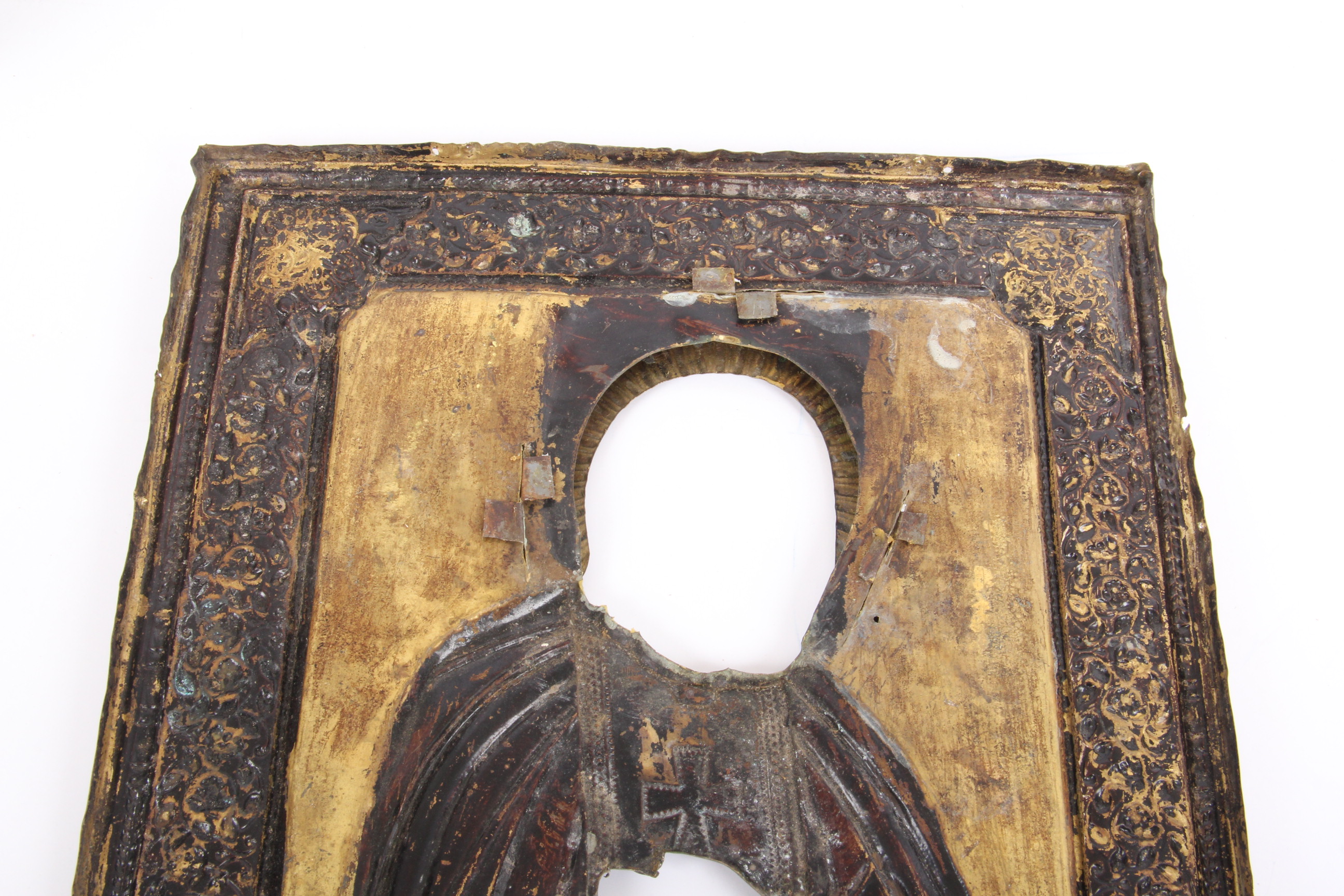 Antique Hand Painted Religious Icon with Metal Riza Saint Seraphim