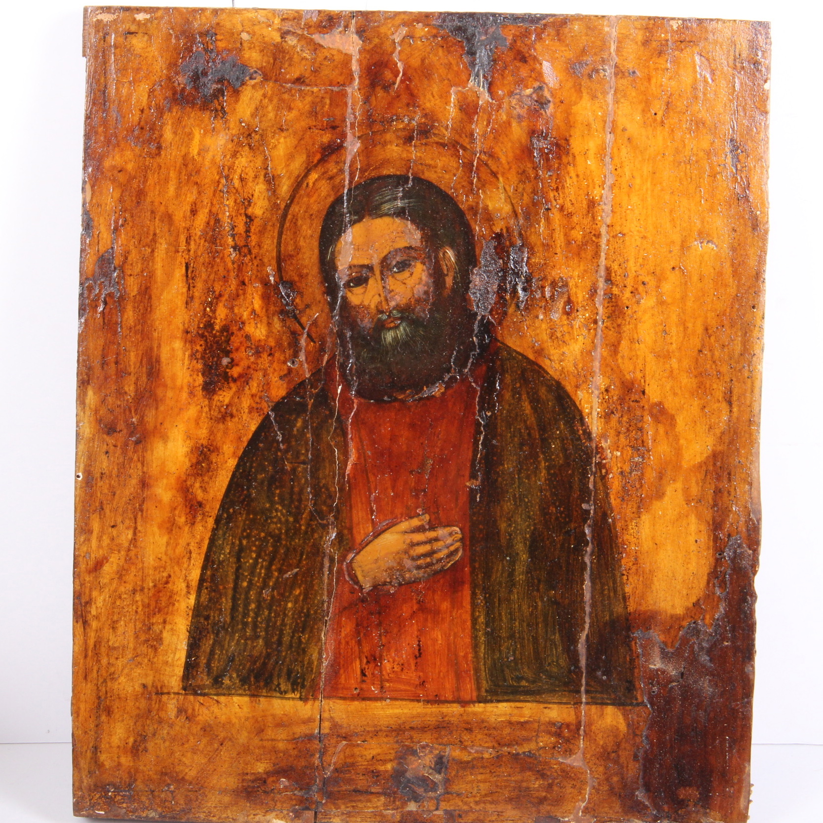 Antique Hand Painted Religious Icon with Metal Riza Saint Seraphim