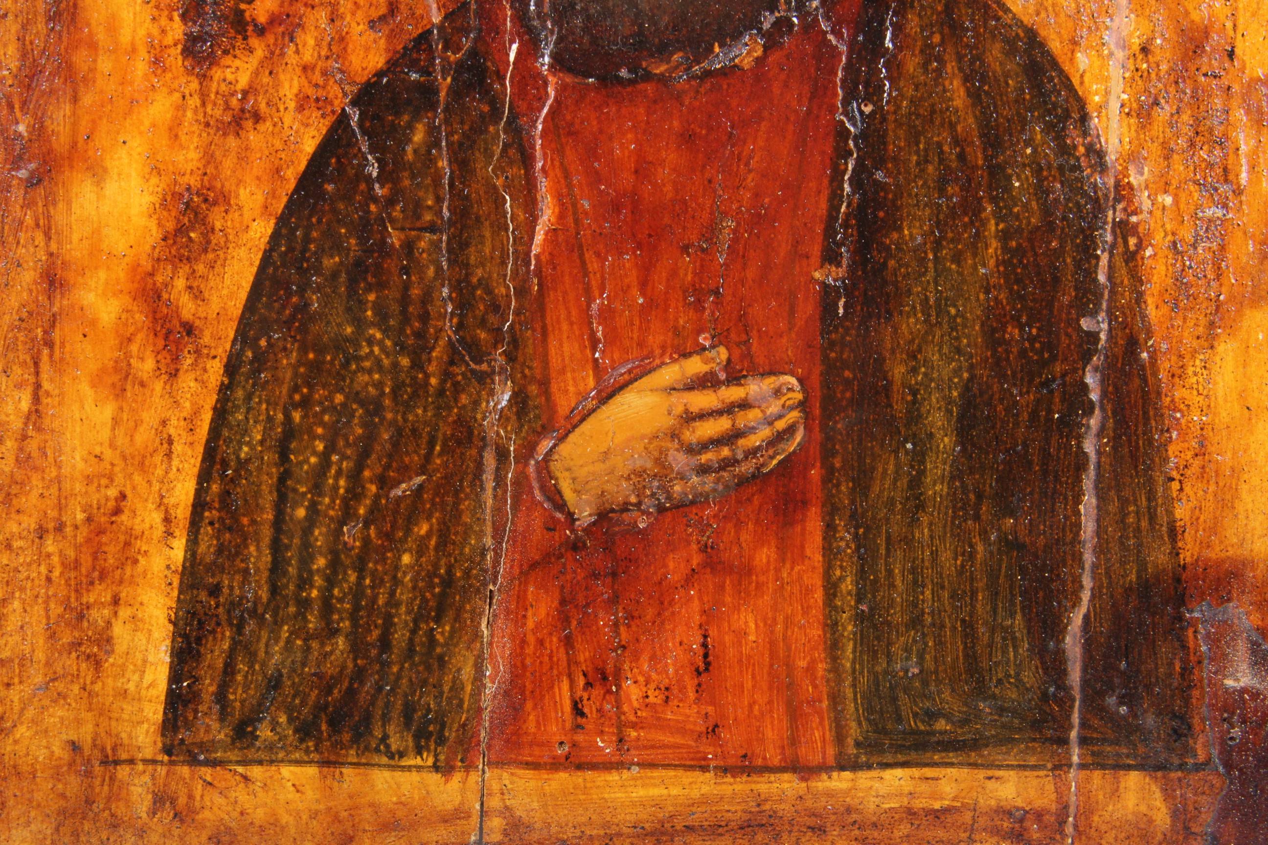 Antique Hand Painted Religious Icon with Metal Riza Saint Seraphim