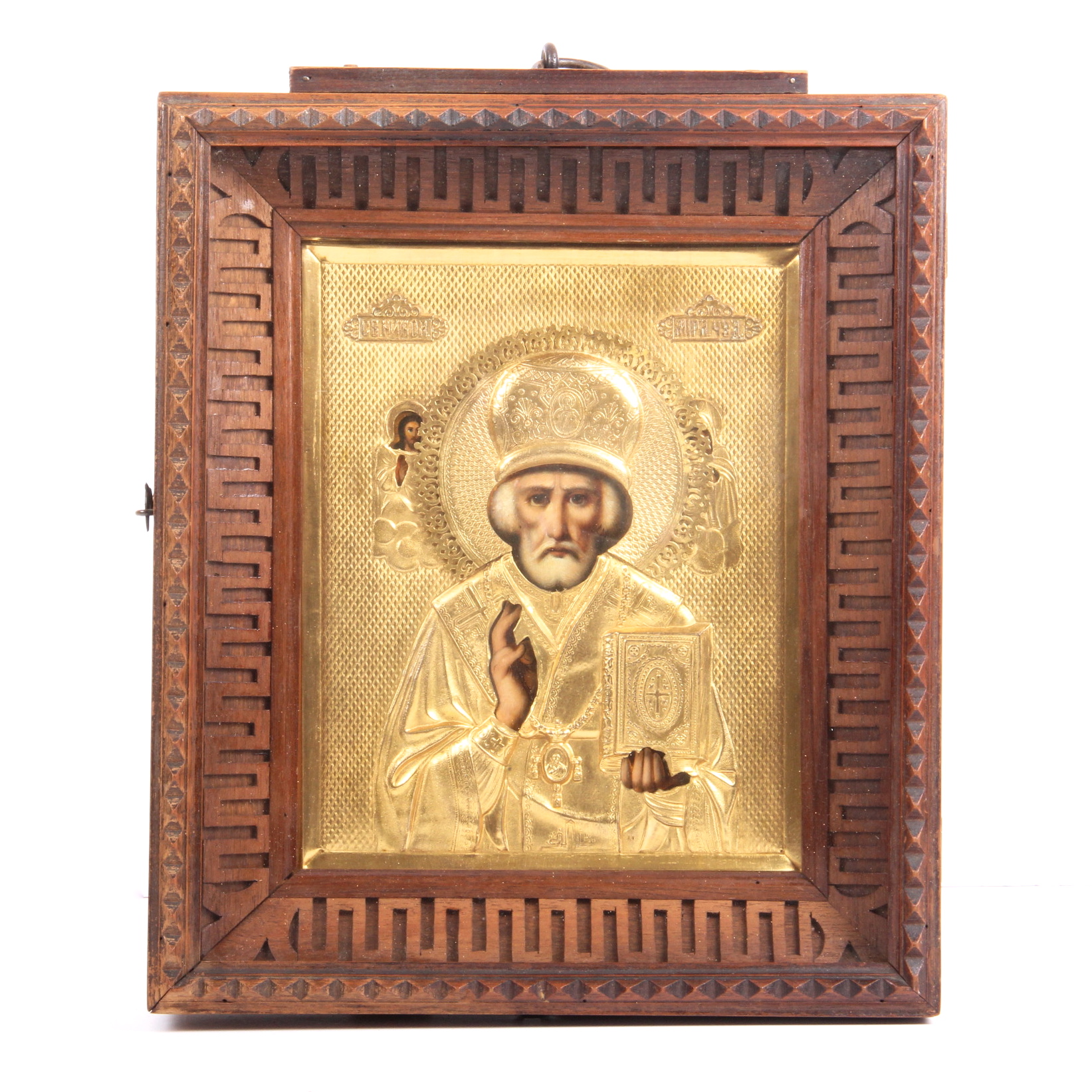 Hand Painted Icon with Metal Riza St. Nicolas
