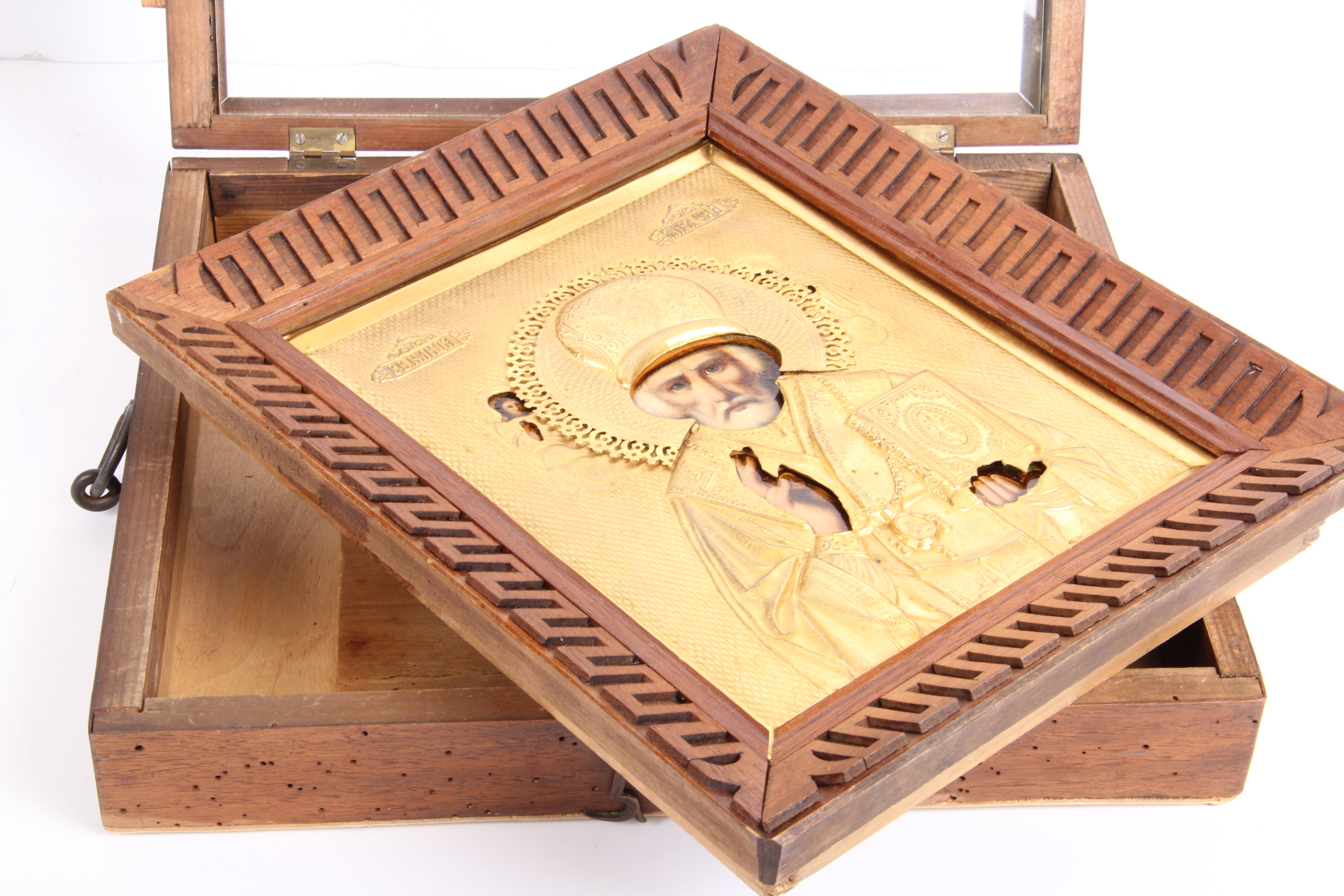 Hand Painted Icon with Metal Riza St. Nicolas