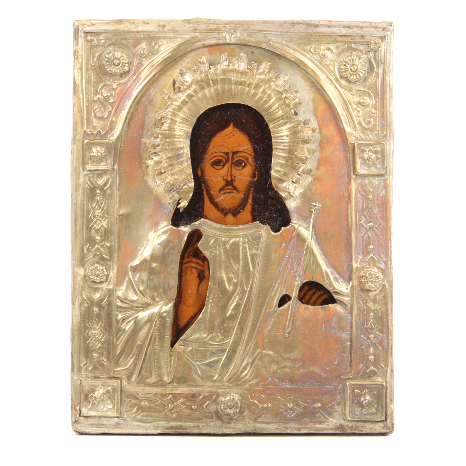 Antique Hand Painted Icon with Gold Tone Riza