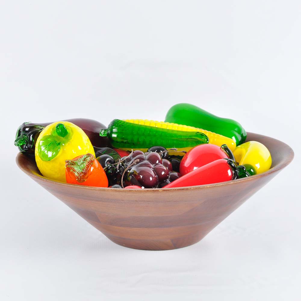 Wooden Bowl of Glass Fruits and Vegetables