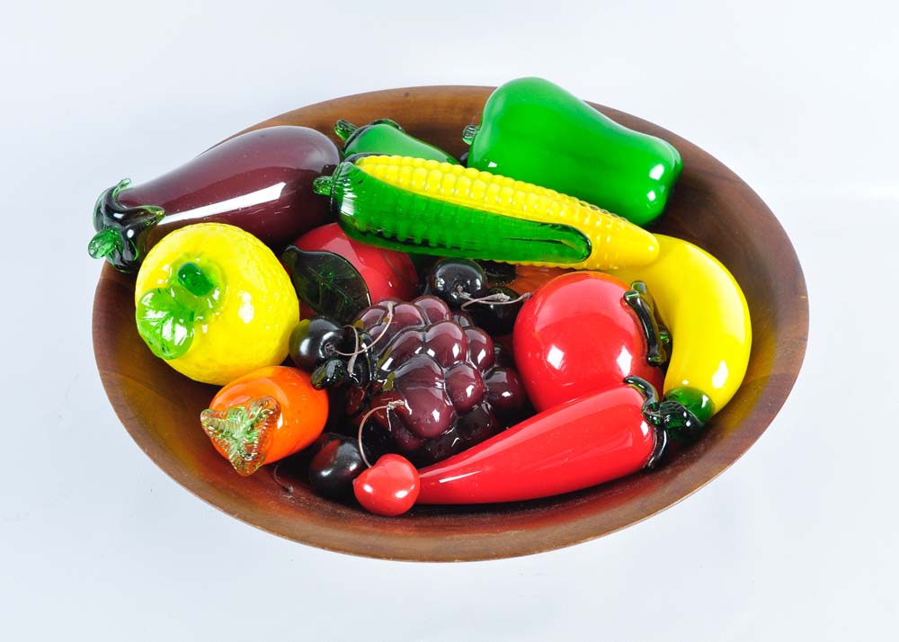 Wooden Bowl of Glass Fruits and Vegetables