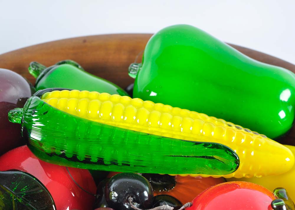 Wooden Bowl of Glass Fruits and Vegetables