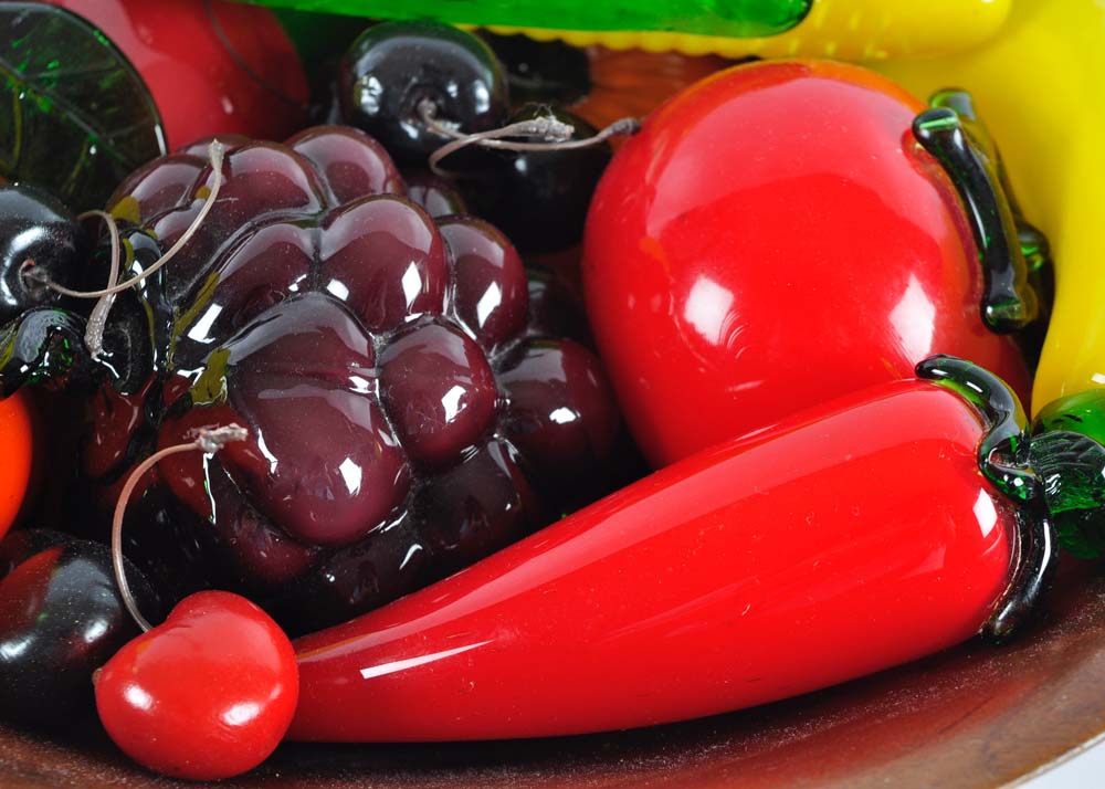 Wooden Bowl of Glass Fruits and Vegetables