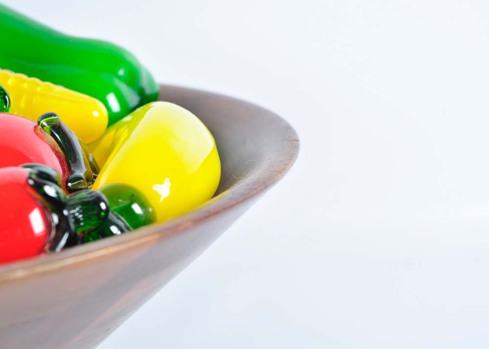 Wooden Bowl of Glass Fruits and Vegetables