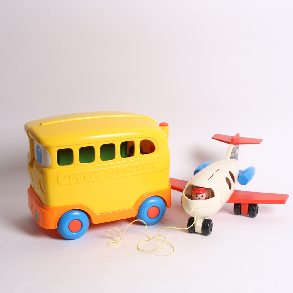 Vintage Fisher-Price Airplane and Mattel School Bus Toys
