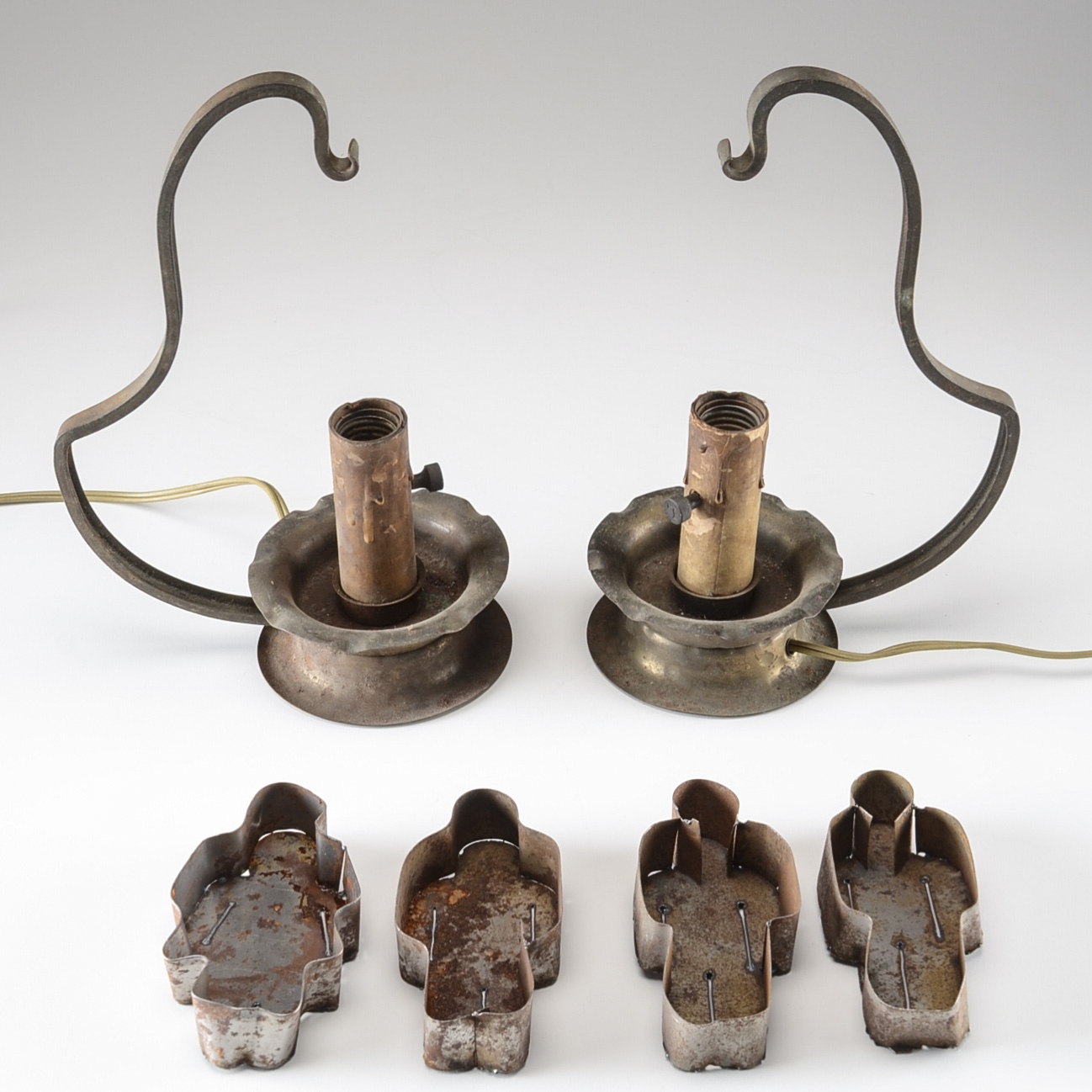 Group of Four Metal Figural Molds and Pair of Vintage Lamps