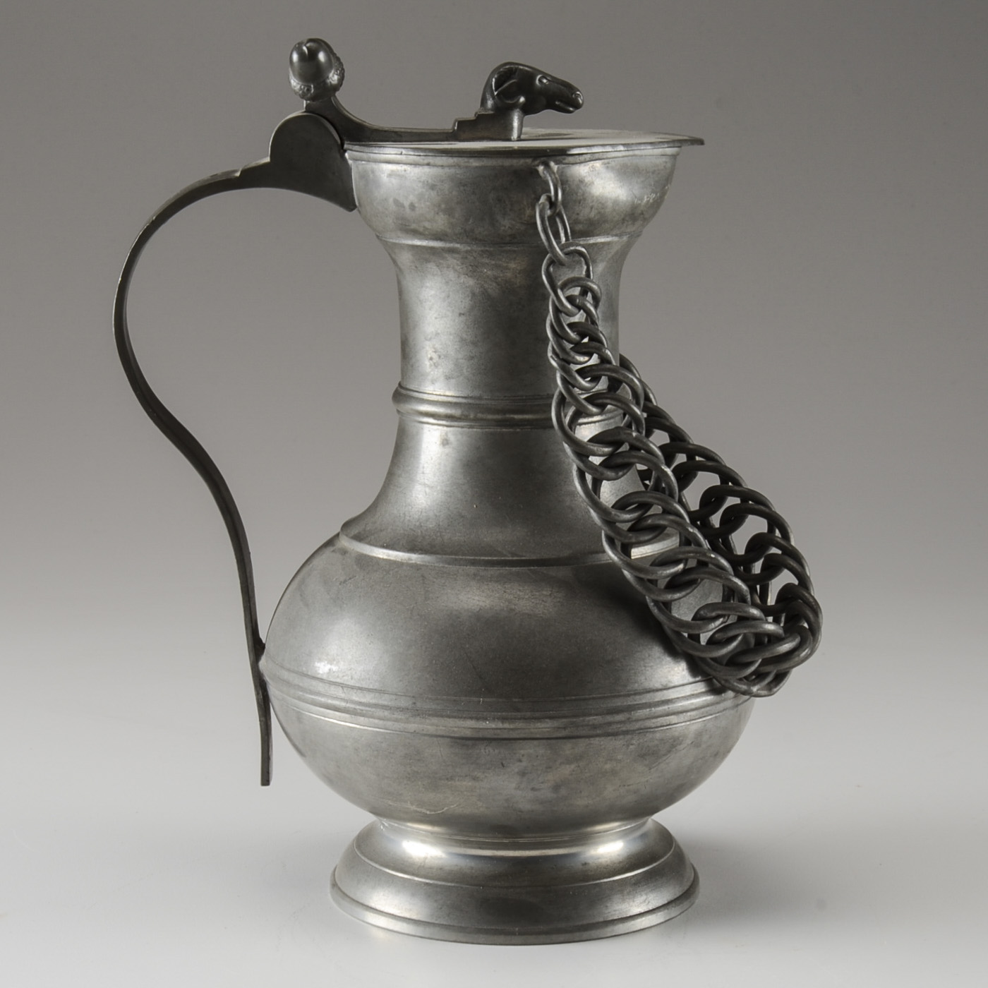 Vintage German Pewter Ram's Head Pitcher with Chain Handle