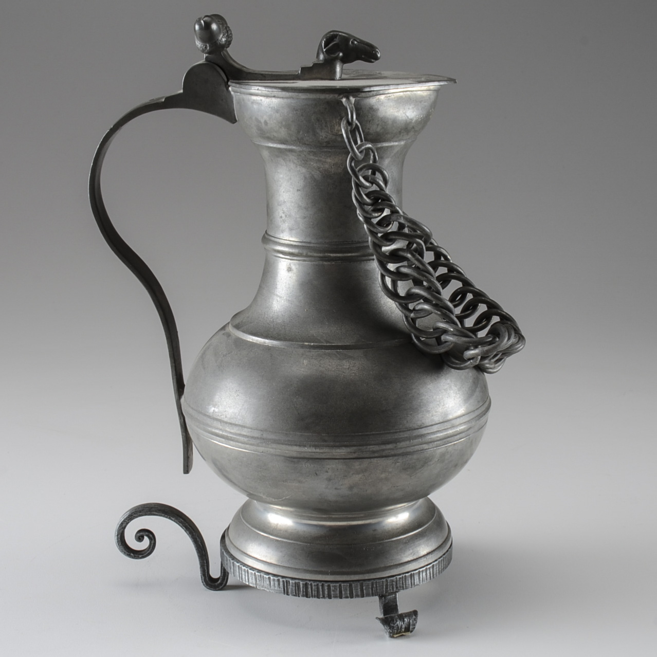 Vintage German Pewter Ram's Head Pitcher with Chain Handle