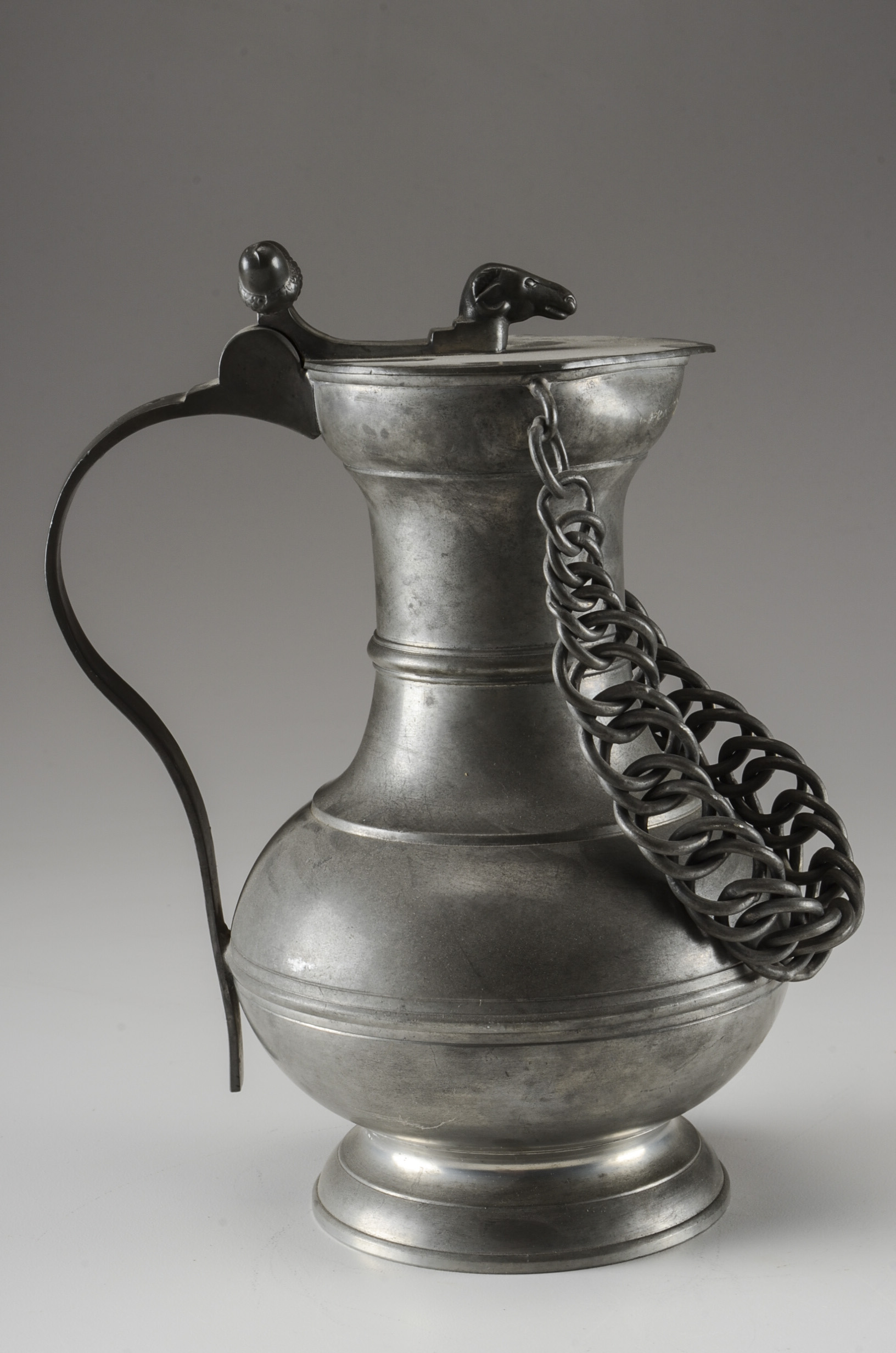 Vintage German Pewter Ram's Head Pitcher with Chain Handle
