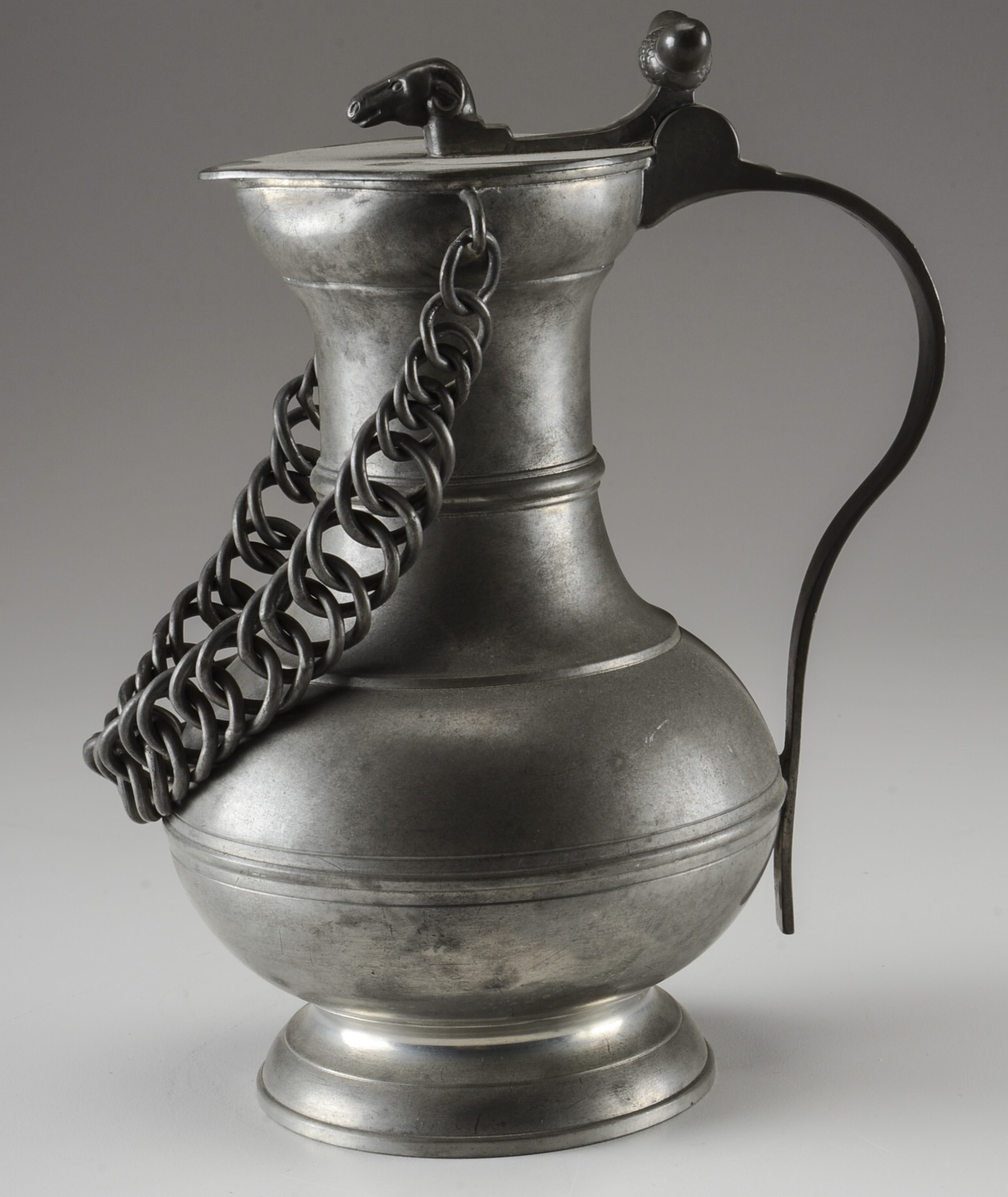 Vintage German Pewter Ram's Head Pitcher with Chain Handle