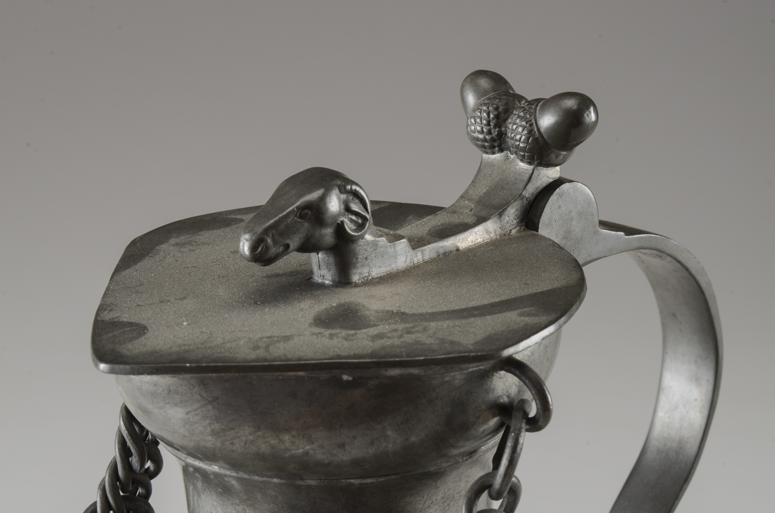 Vintage German Pewter Ram's Head Pitcher with Chain Handle