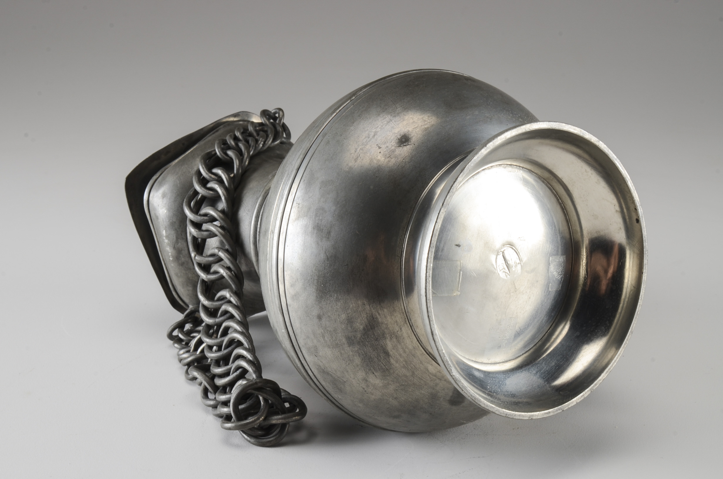 Vintage German Pewter Ram's Head Pitcher with Chain Handle