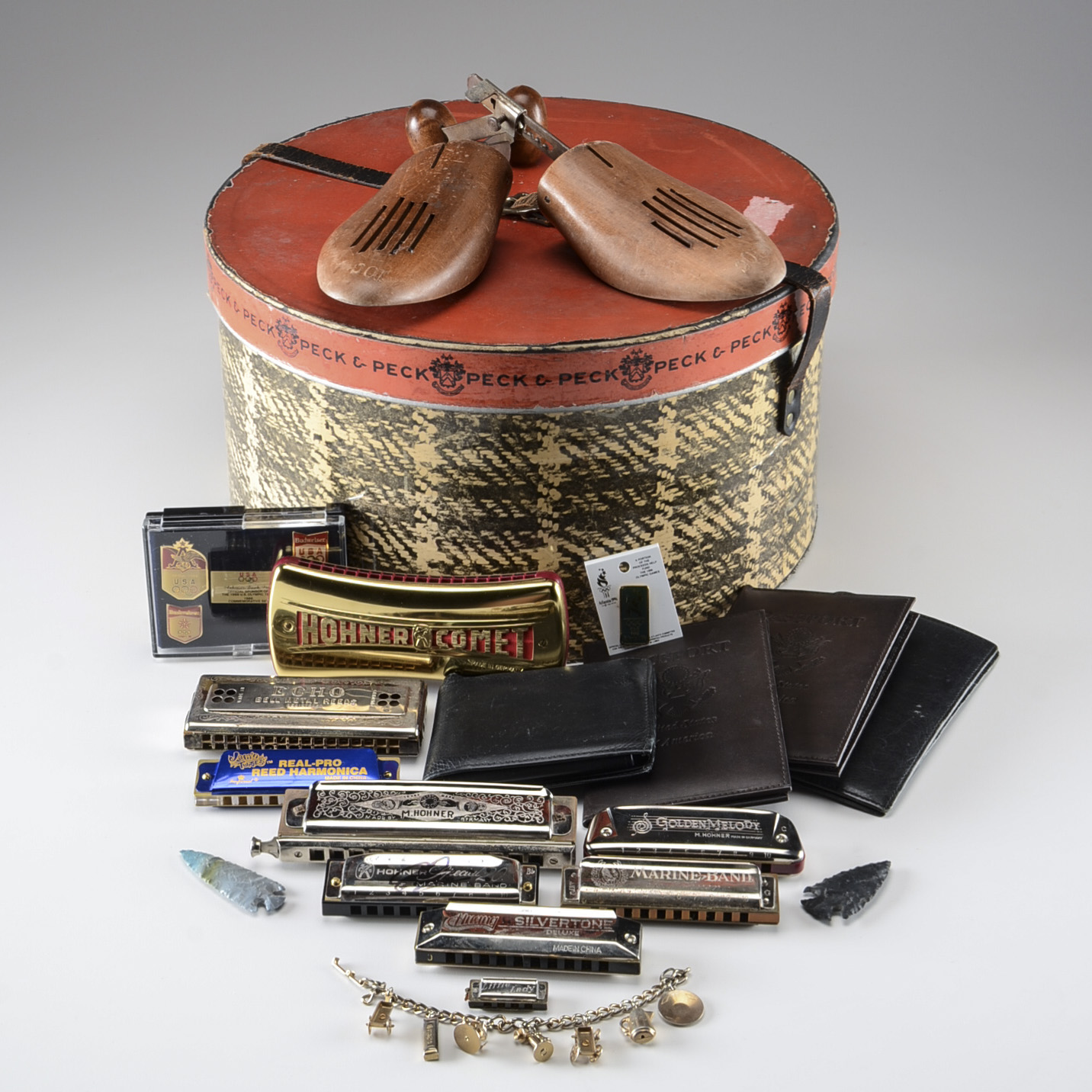 Nine Harmonicas and Collectibles in a Vintage Hat Box