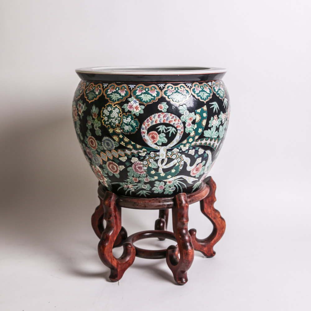 Chinese Famille Noire Style Jardinière on Stand