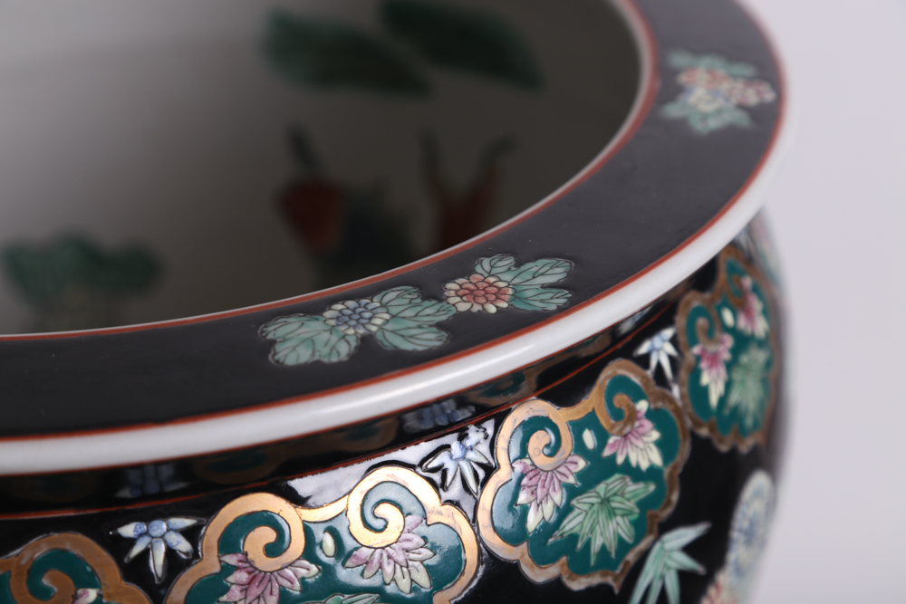 Chinese Famille Noire Style Jardinière on Stand