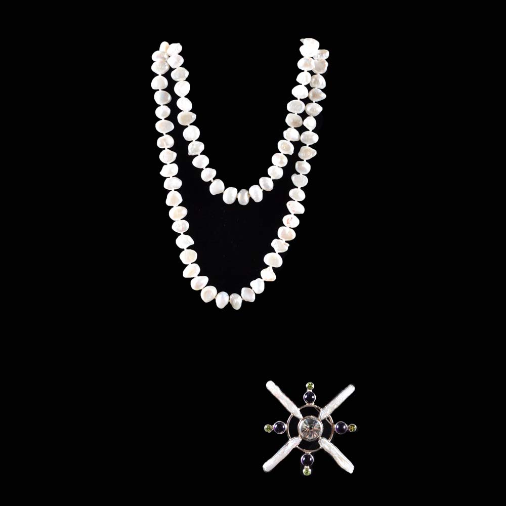 Ornate Gemstone Pendant on Freshwater Pearl Strand