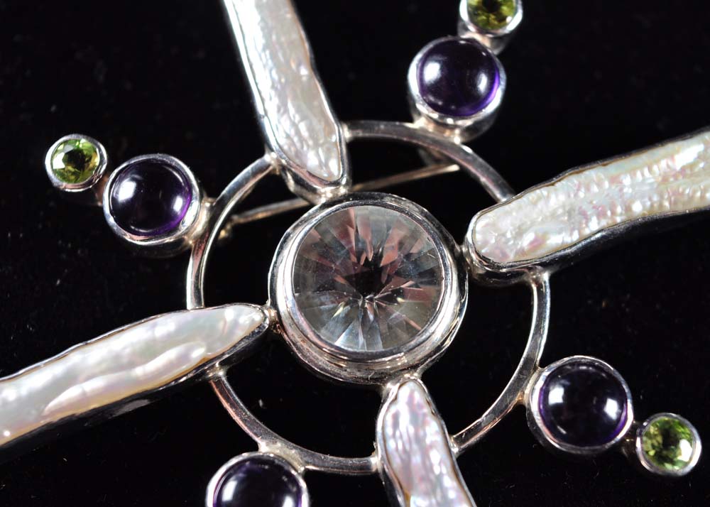 Ornate Gemstone Pendant on Freshwater Pearl Strand