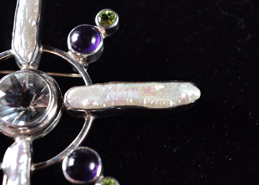 Ornate Gemstone Pendant on Freshwater Pearl Strand