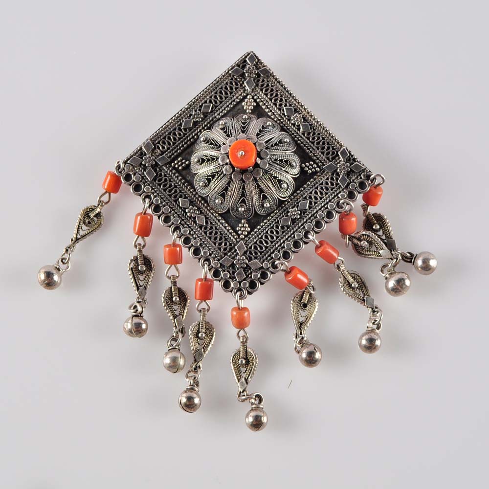 Sterling and Coral Brooch