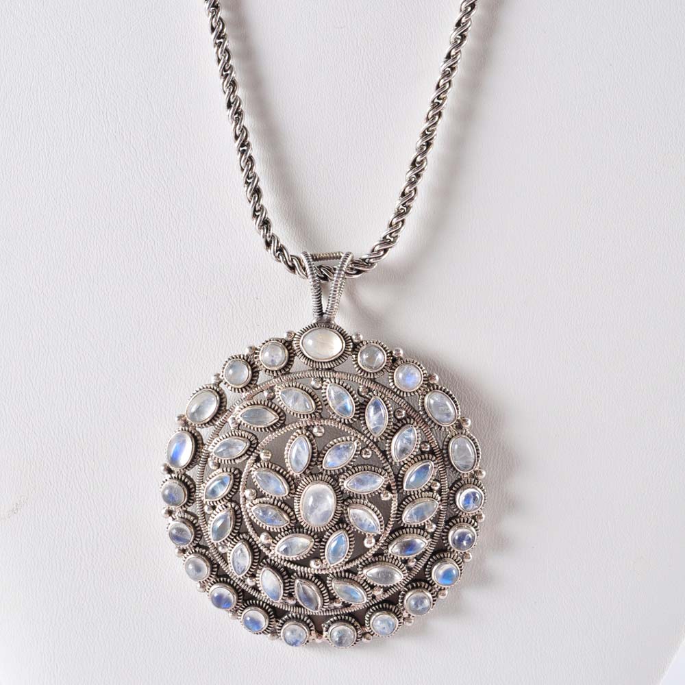 Large Sterling Silver and Moonstone Pendant Necklace