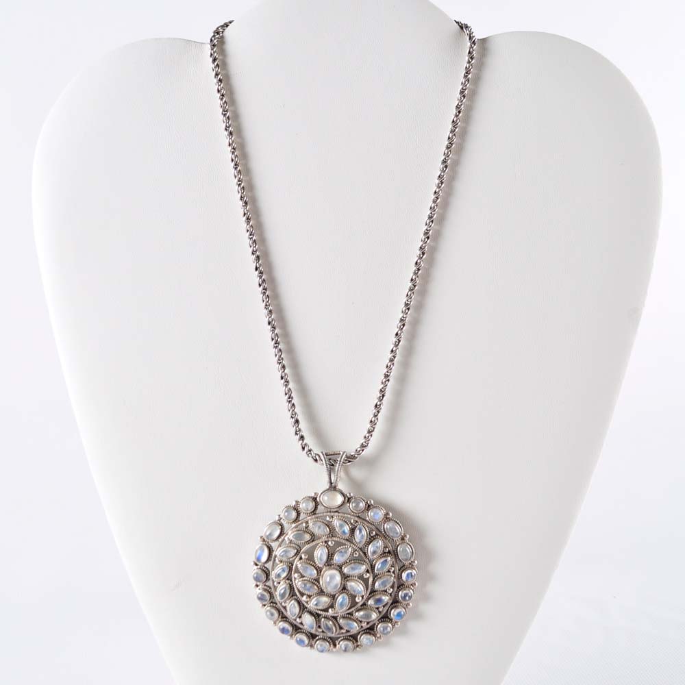 Large Sterling Silver and Moonstone Pendant Necklace