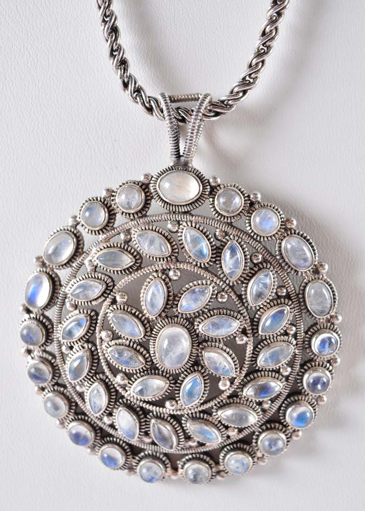 Large Sterling Silver and Moonstone Pendant Necklace