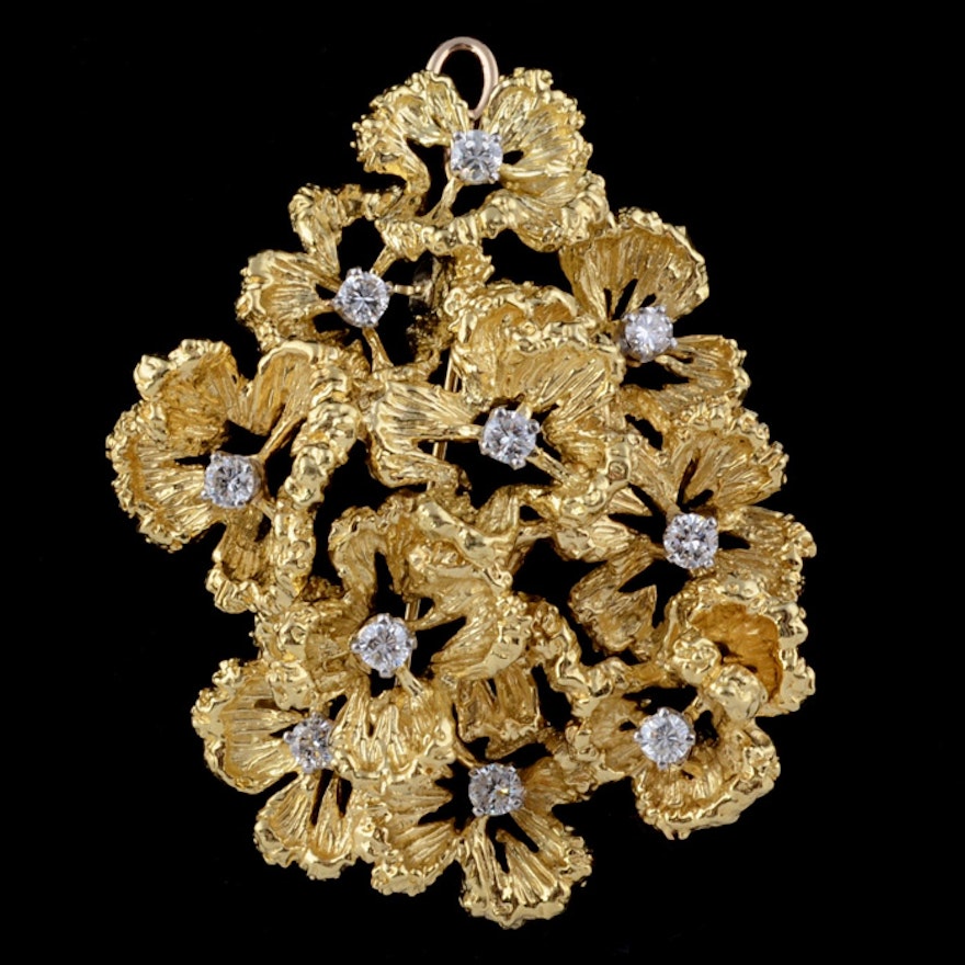 Vintage Tiffany & Co. 18K Yellow Gold and Diamond Dimensional Floral Brooch/Pendant