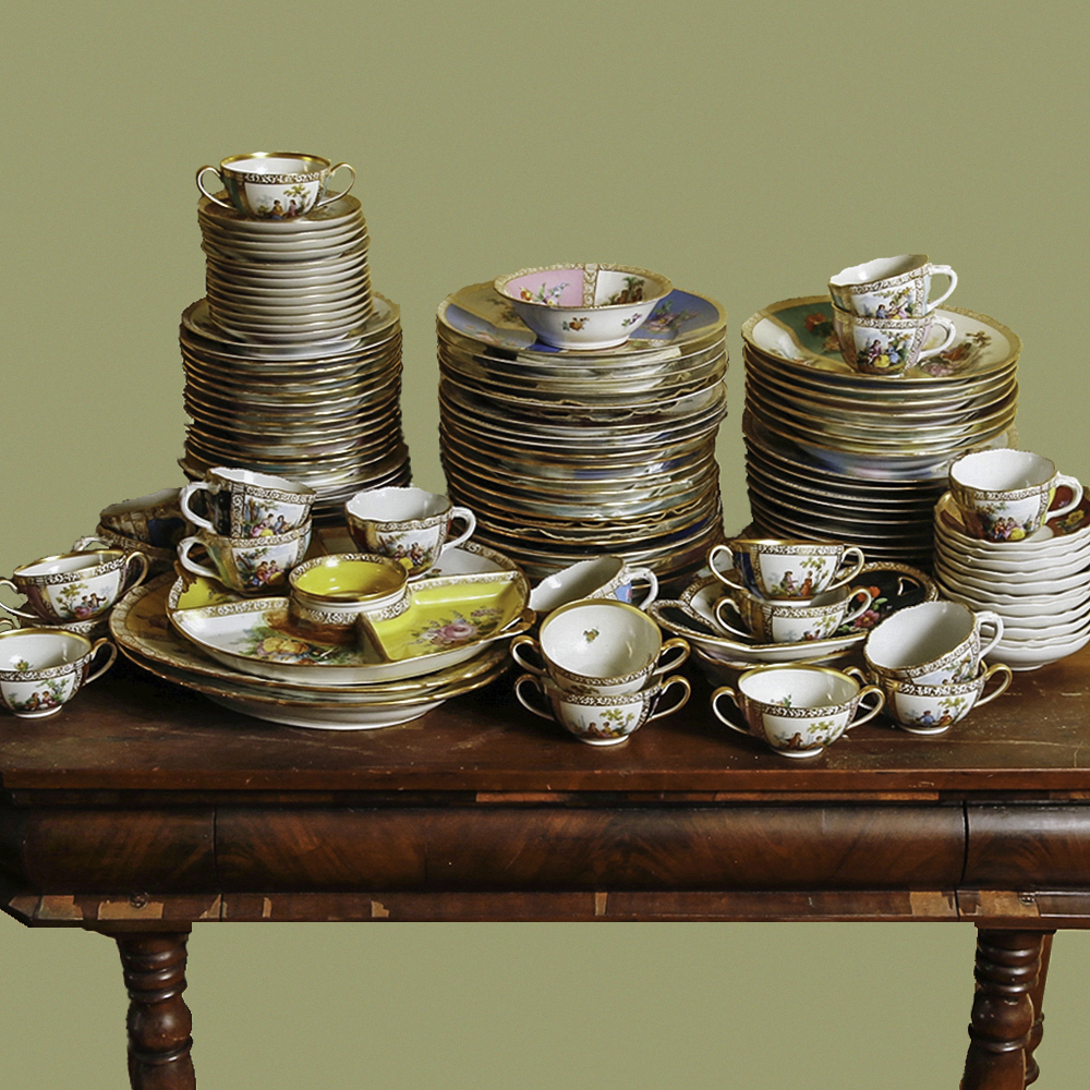 Set of Antique Dresden "Watteau" China Dishes