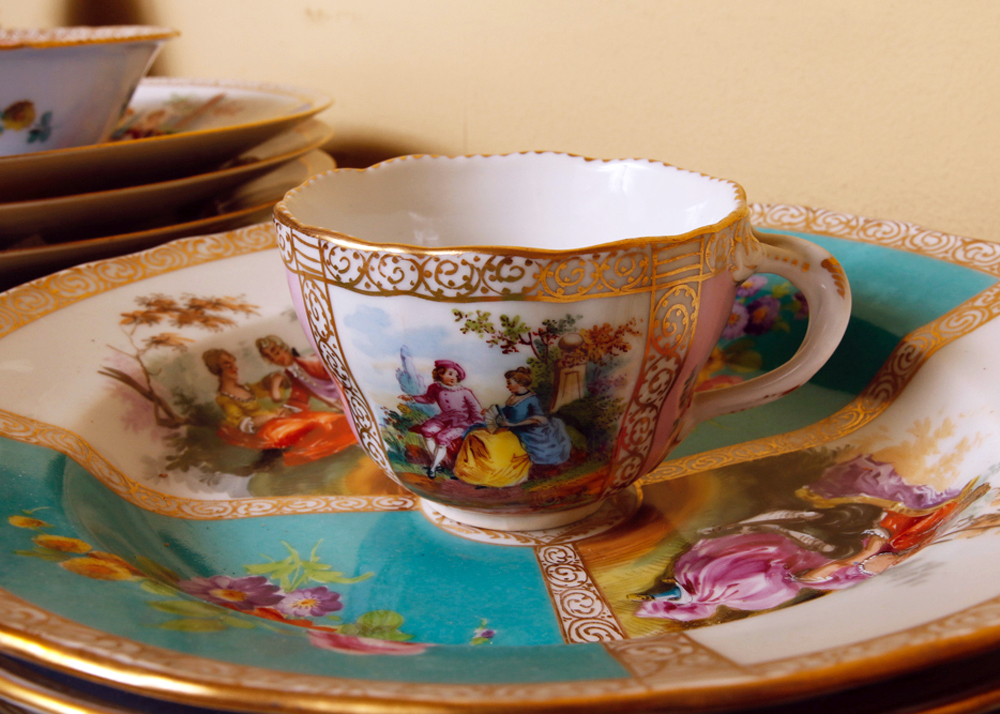 Set of Antique Dresden "Watteau" China Dishes