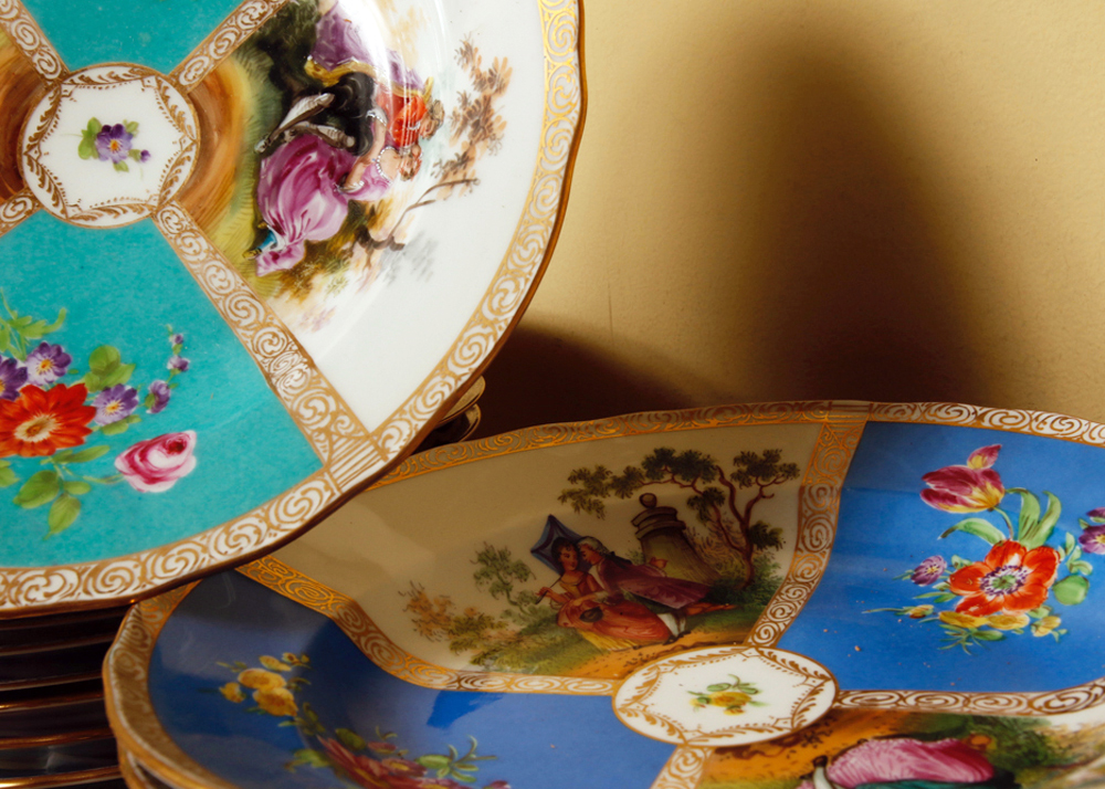 Set of Antique Dresden "Watteau" China Dishes