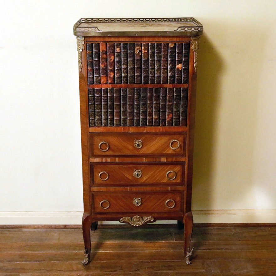 Antique Wooden Secretary Desk with Faux Bookshelves