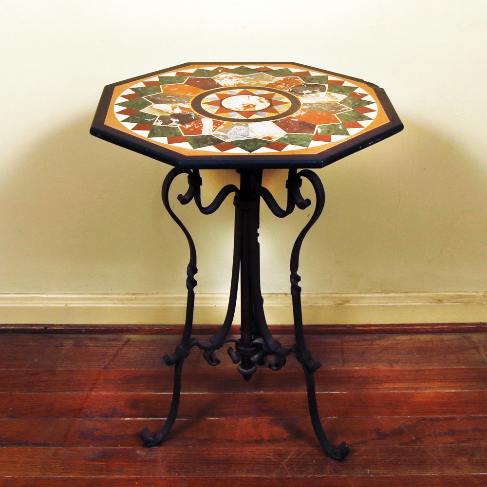 Pietra Dura Side Table with Wrought Iron Base