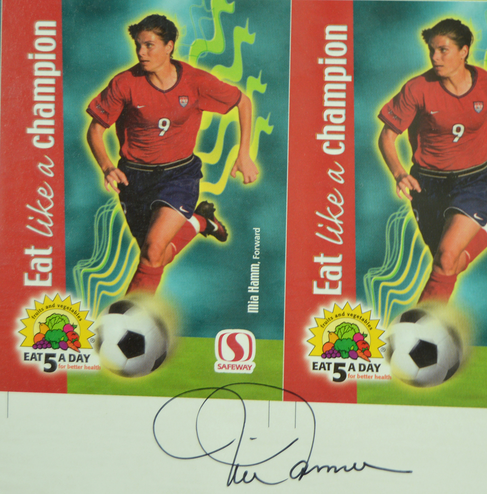 Signed Offset Lithograph of Uncut Sheet of Soccer Player Cards Including Mia Hamm