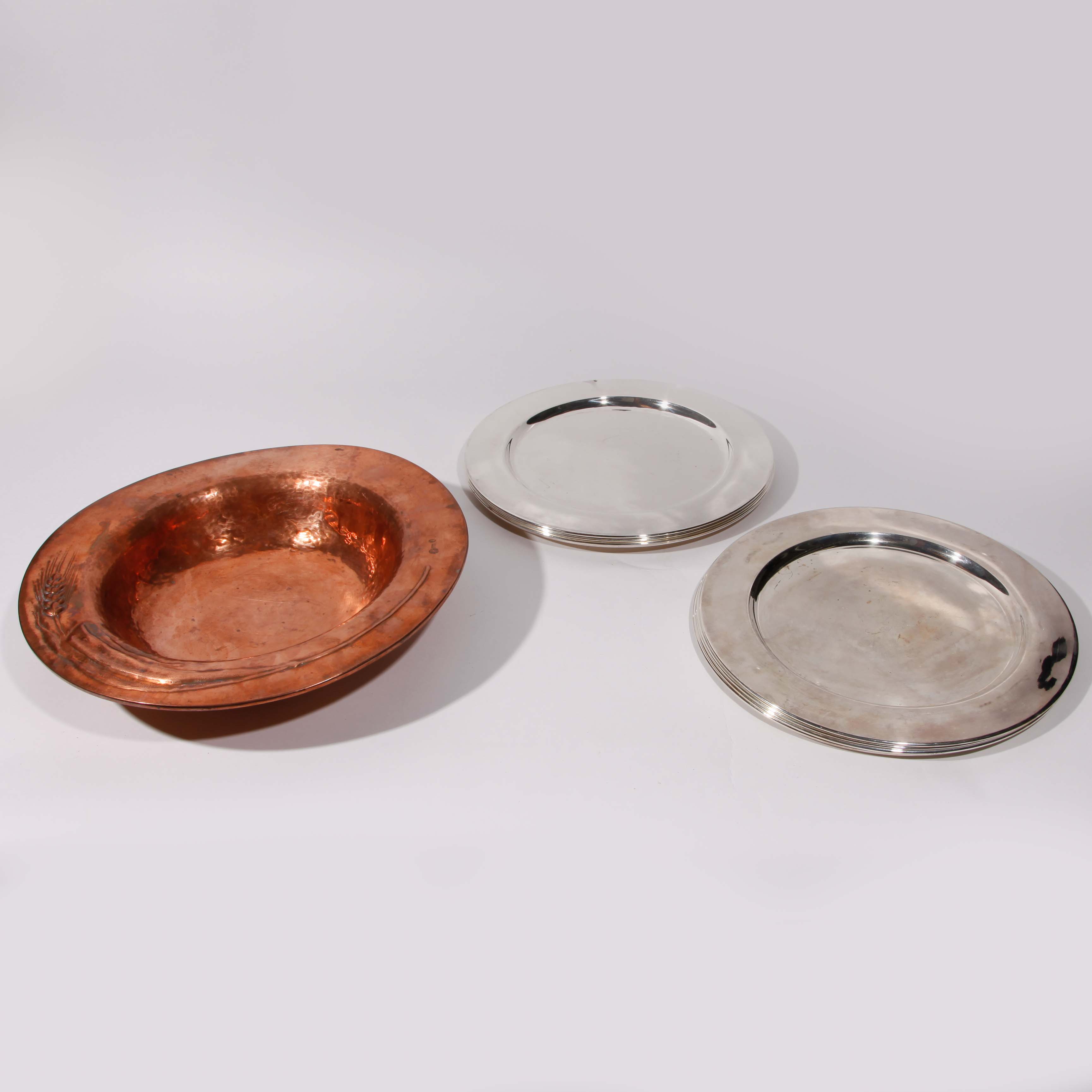 Grouping of an Old Copper Offetory Plate and Metal Chargers