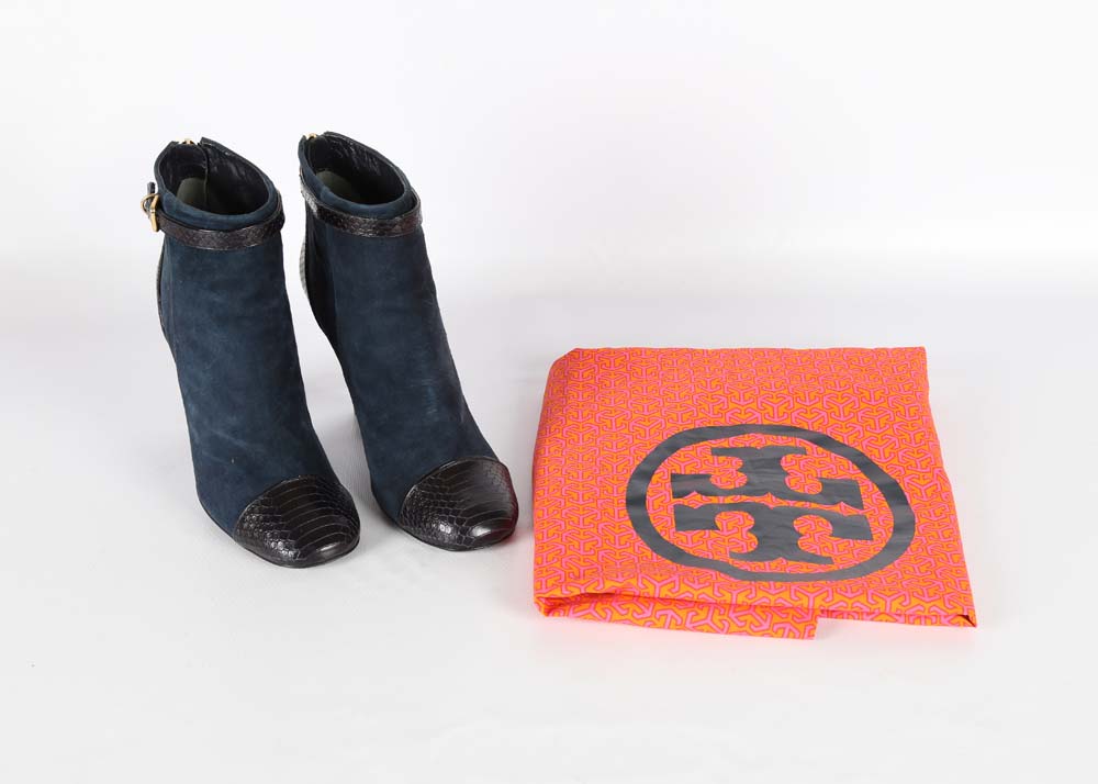 Tory Burch Navy Suede and Vitraux Snake Print Ankle Boots